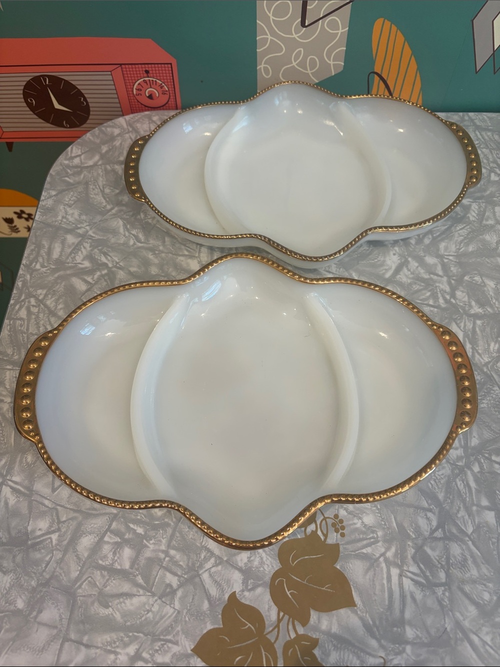 Set of 2 vintage Fore King white and gold divided dishes